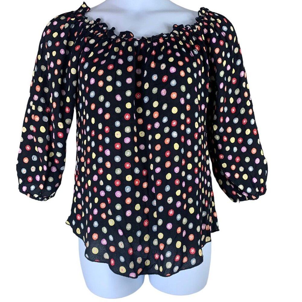 Pink Wheels Size Medium Blouse 3/4 Sleeve Black Multicolor Polka Dot Top Womens